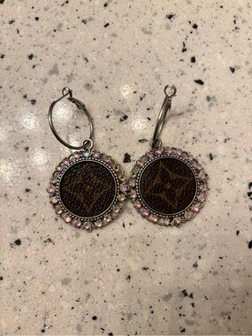 Round Brown Drop Earrings with Iridescent Crystal Halo